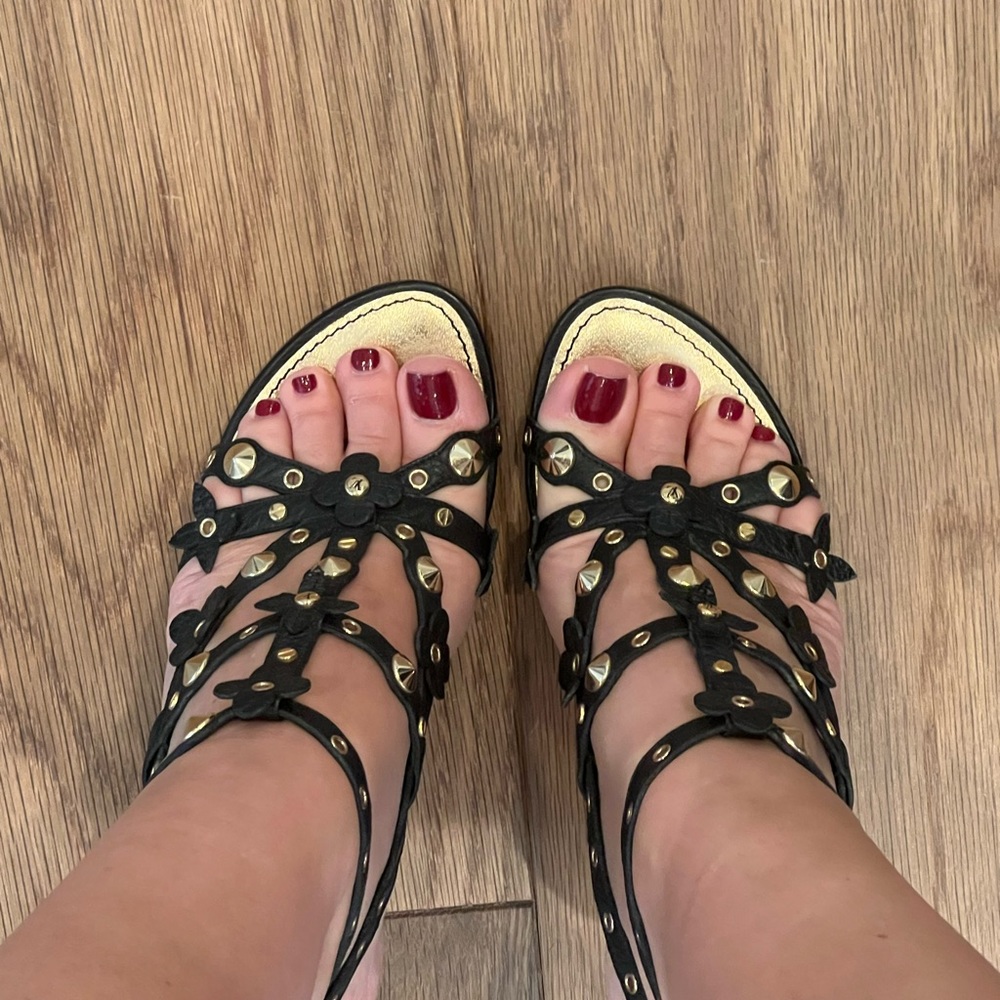 Louis Vuitton Black/Gold Wedge Sandals - Picture 3 of 15